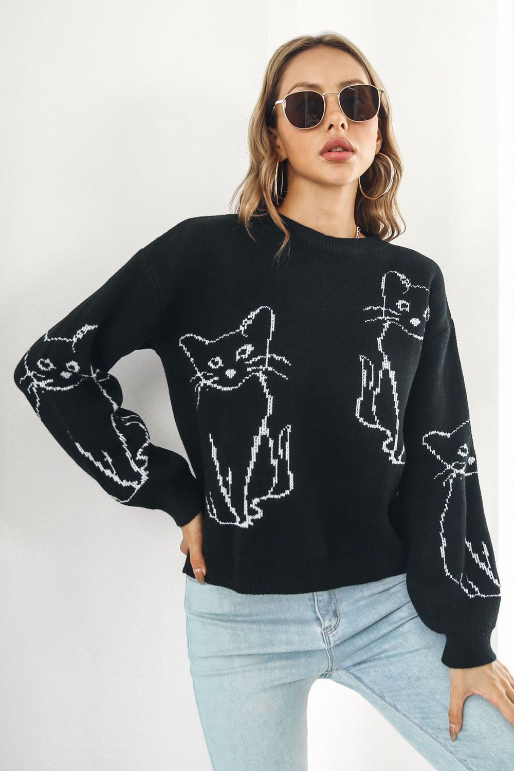 cat pattern round neck long sleeve pullover sweater