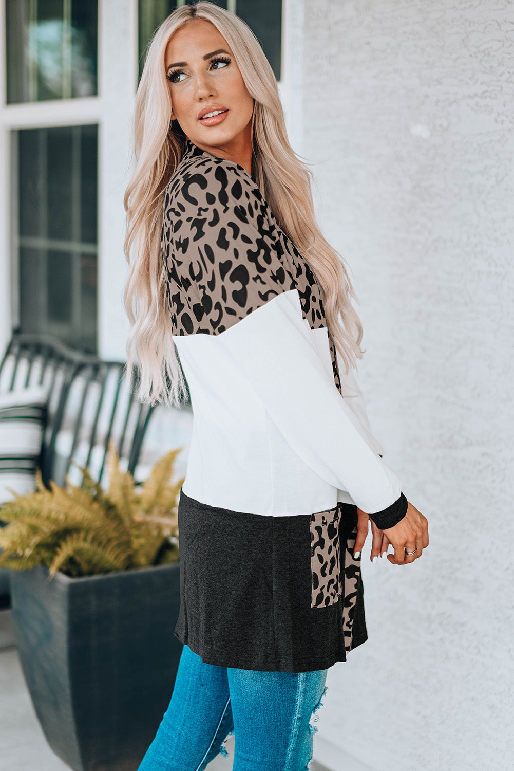 leopard print color block longline cardigan