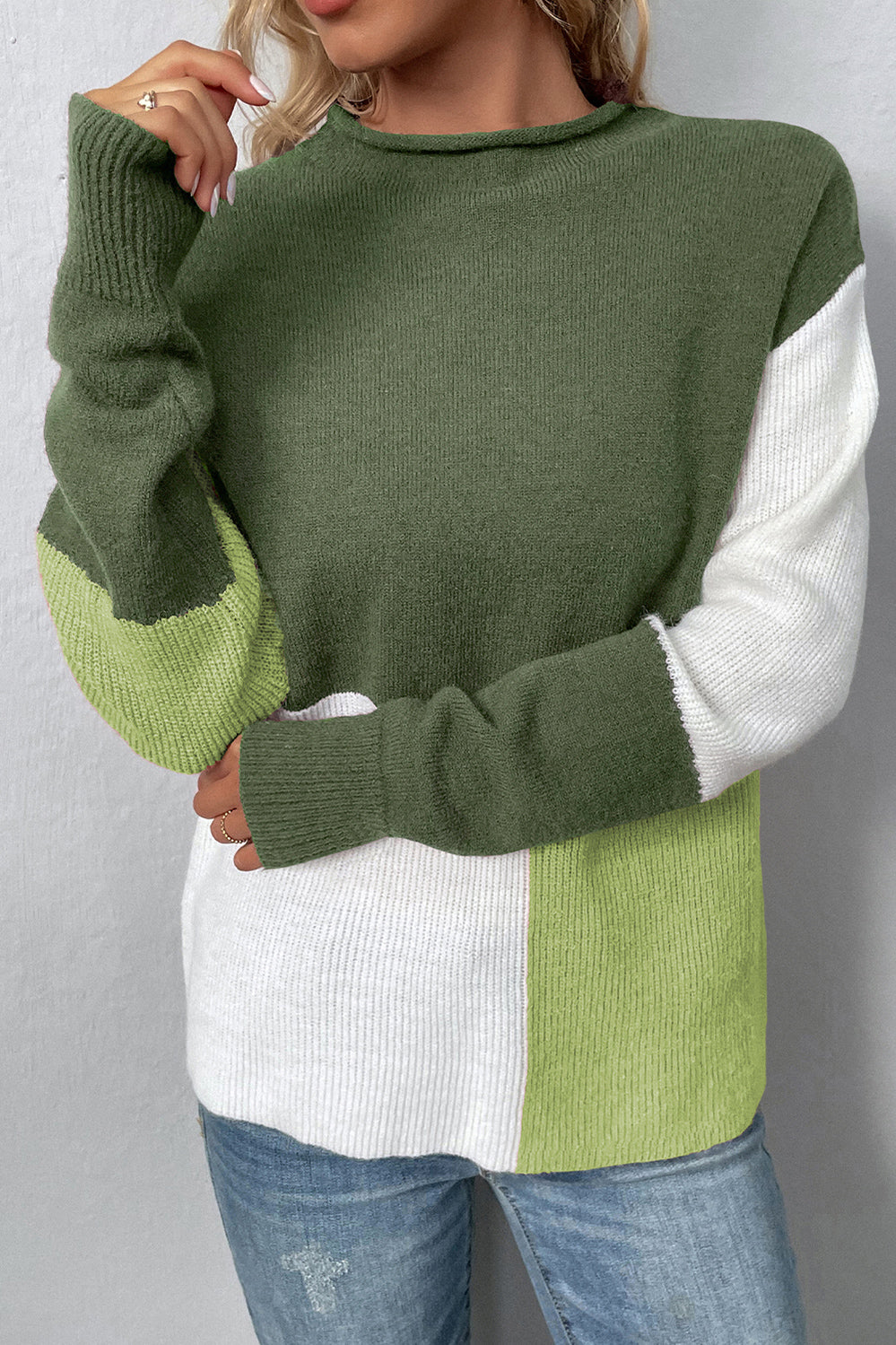 color block round neck dropped shoulder sweater