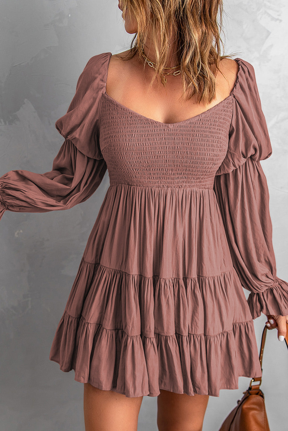 smocked off-shoulder tiered mini dress