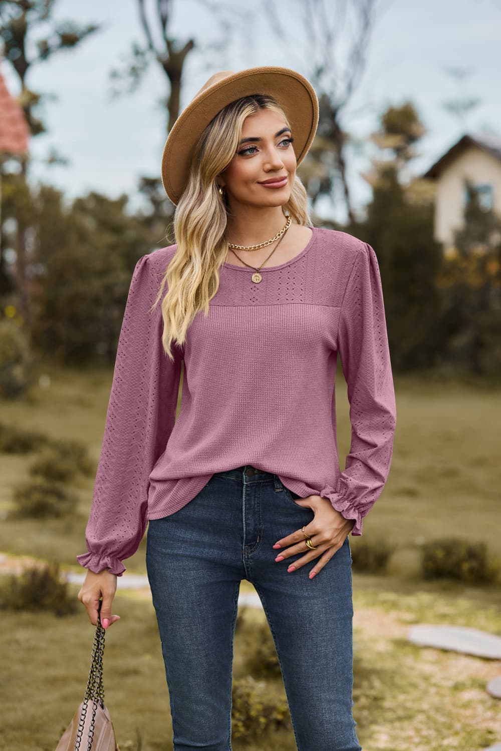 round neck puff sleeve blouse