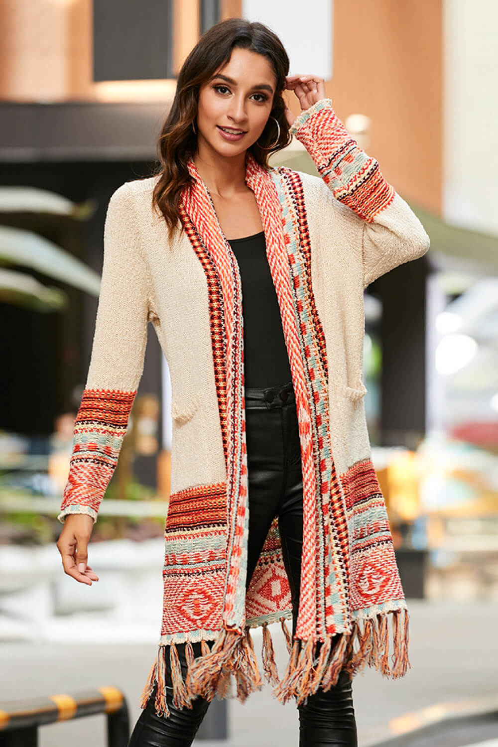 multicolored tassel hem open front cardigan