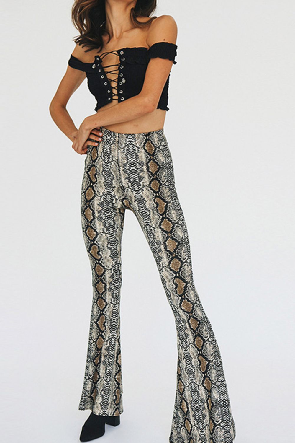 snakeskin print flare pants