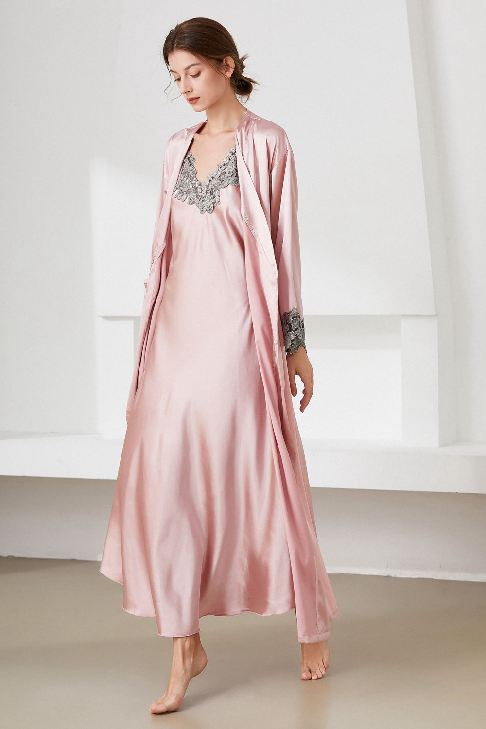 contrast lace trim satin night dress and robe set