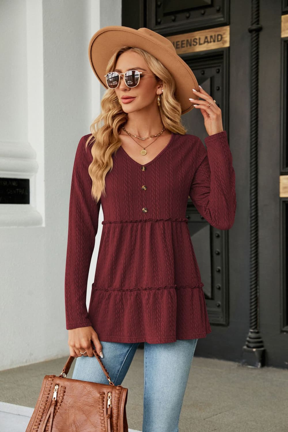 long sleeve v-neck cable-knit blouse