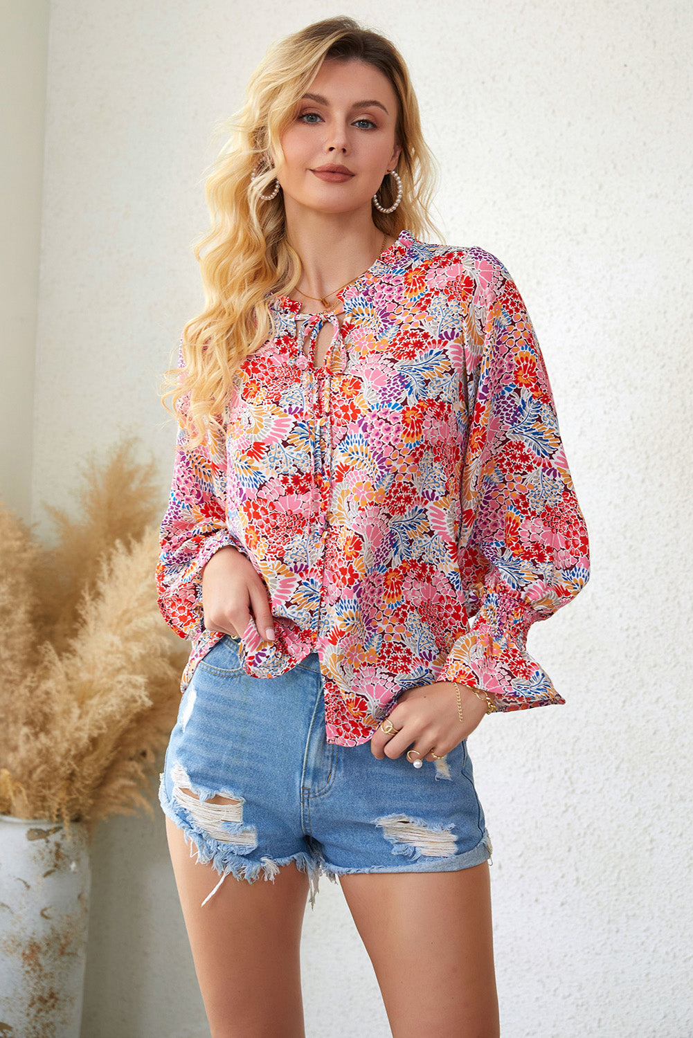 floral frill trim tie neck flounce sleeve blouse