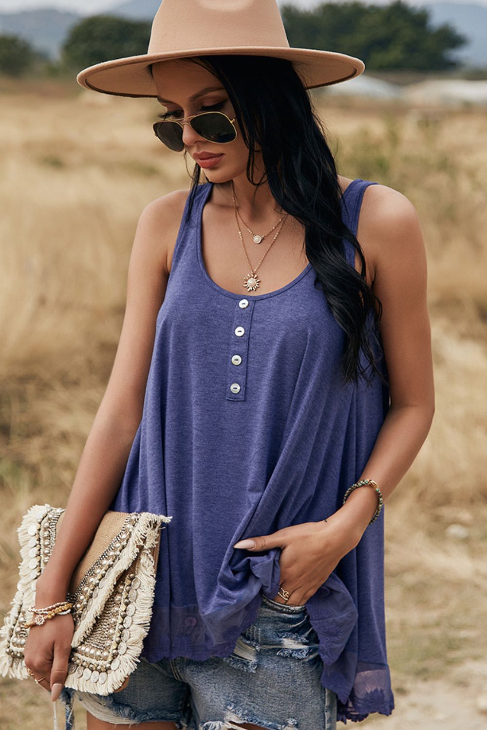 lace trim button detail tank top
