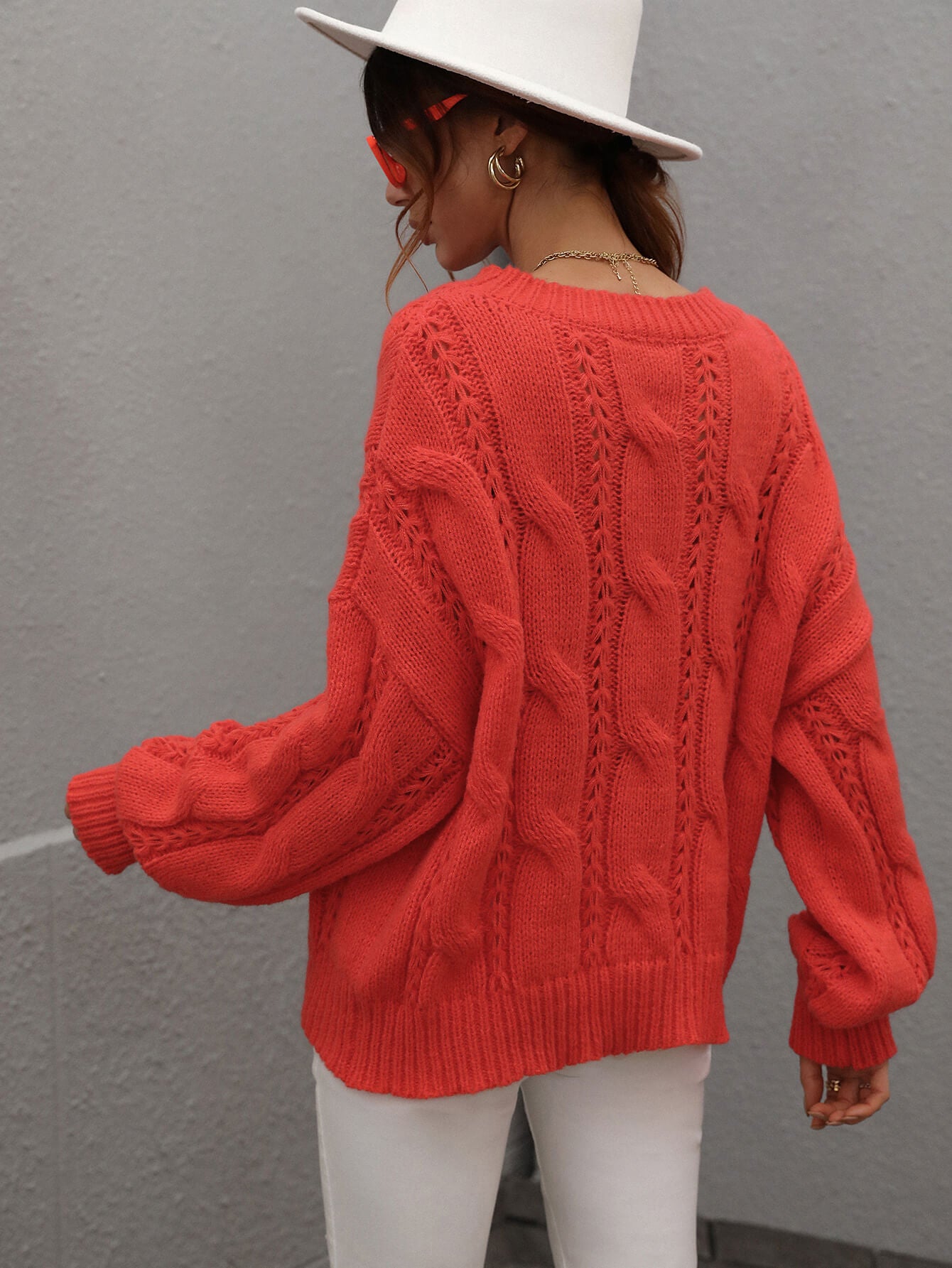 woven right cable-knit openwork round neck sweater