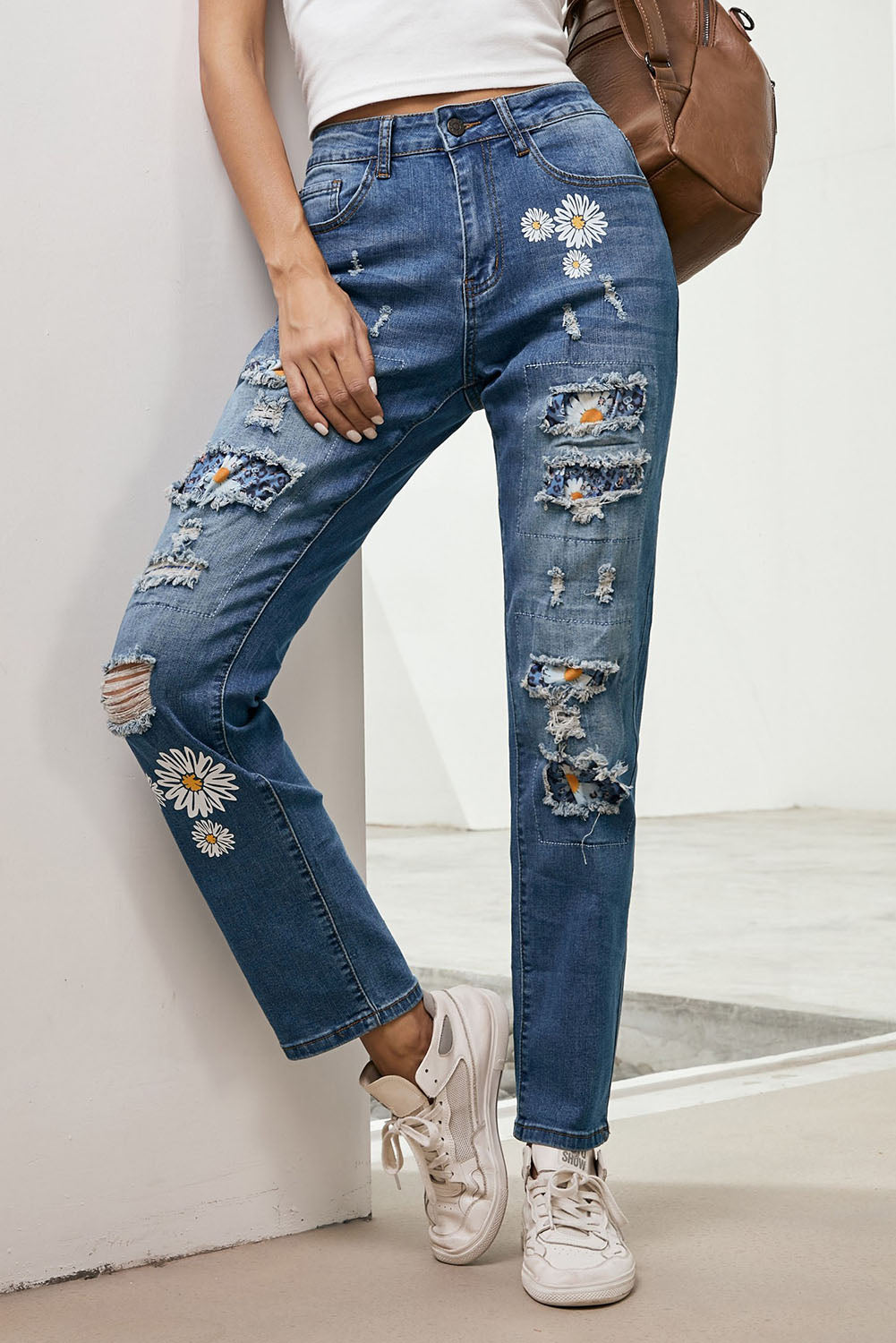 baeful printed patch distressed boyfriend jeans