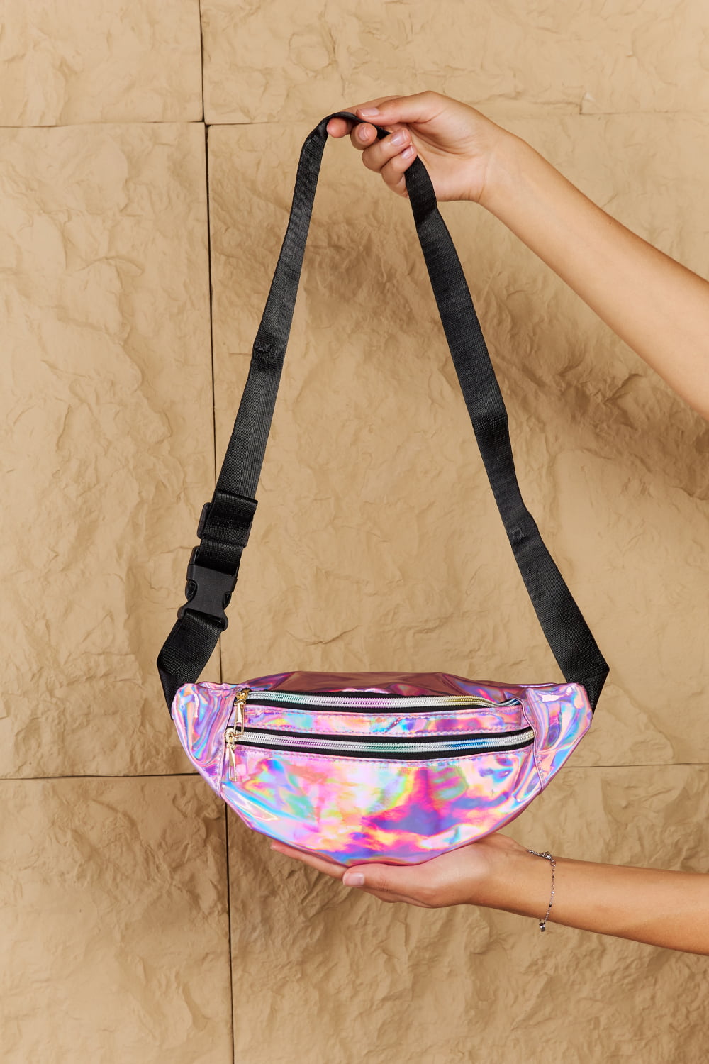 fame good vibrations holographic double zipper fanny pack in hot pink