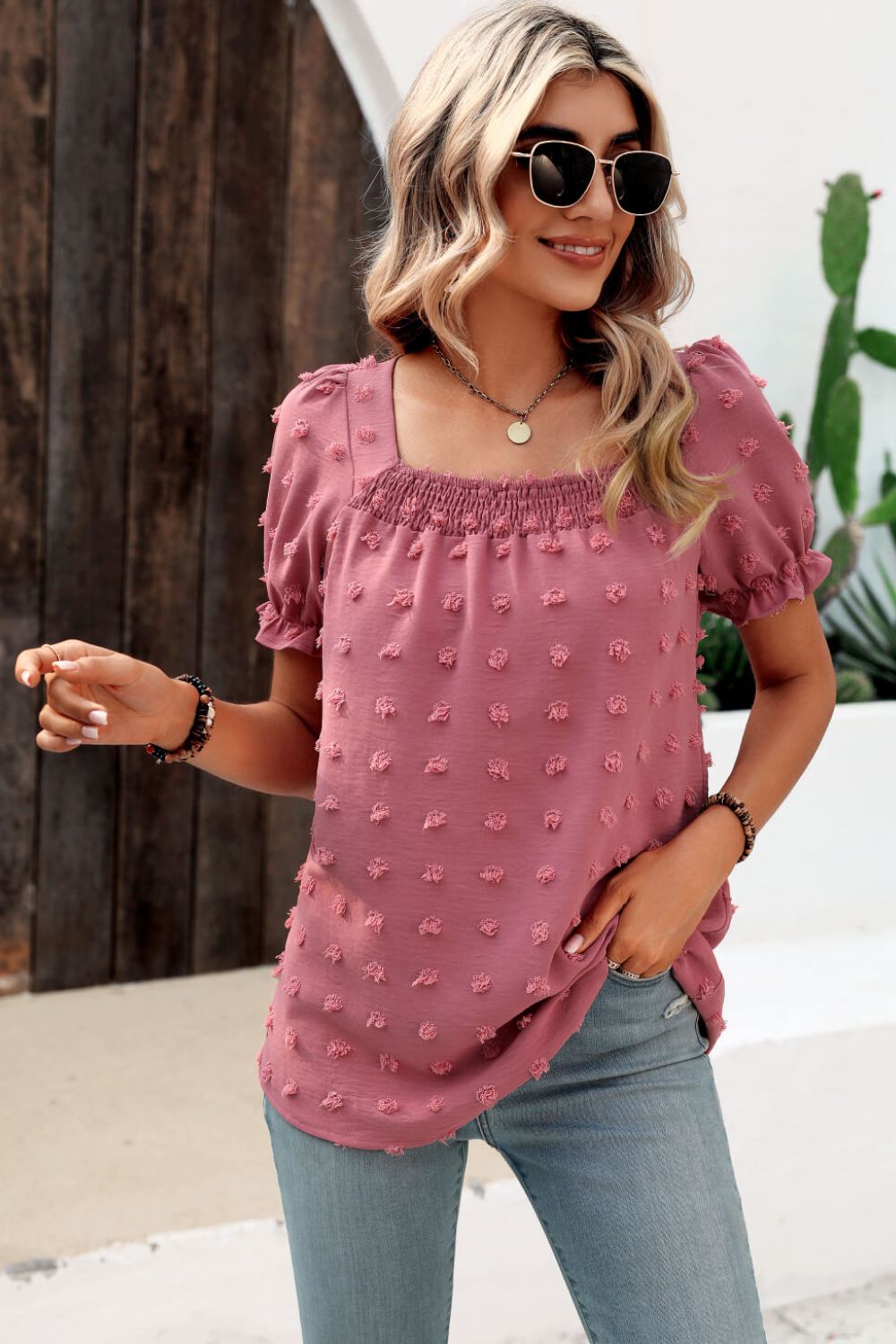 swiss dot puff sleeve square neck blouse