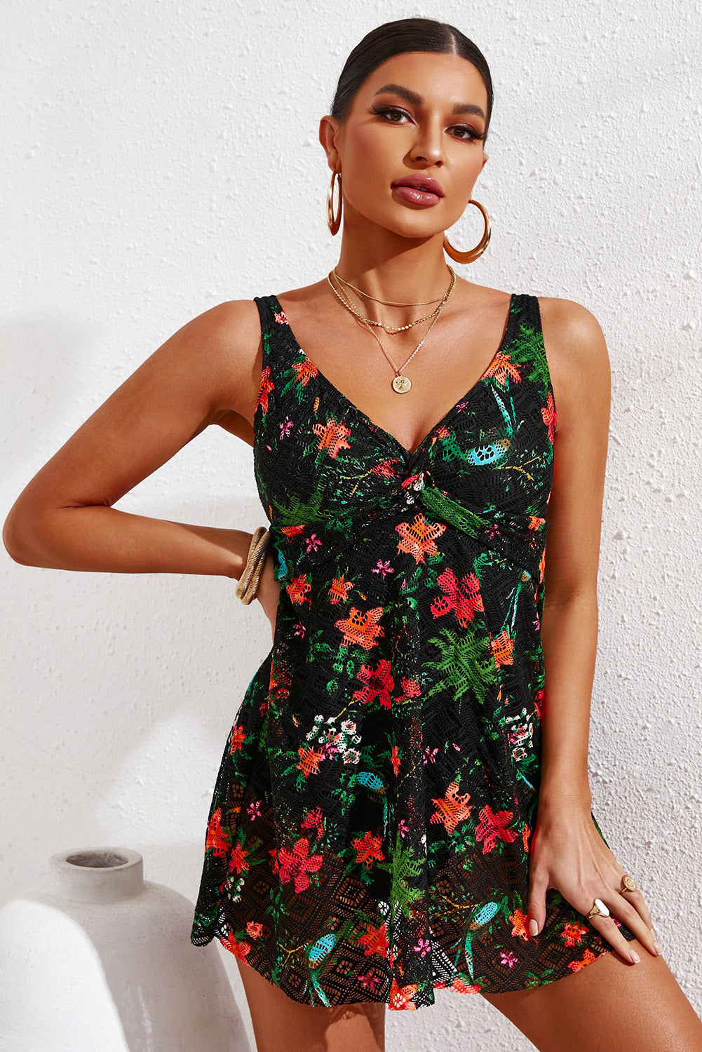 full size twist front sleeveless swim dress