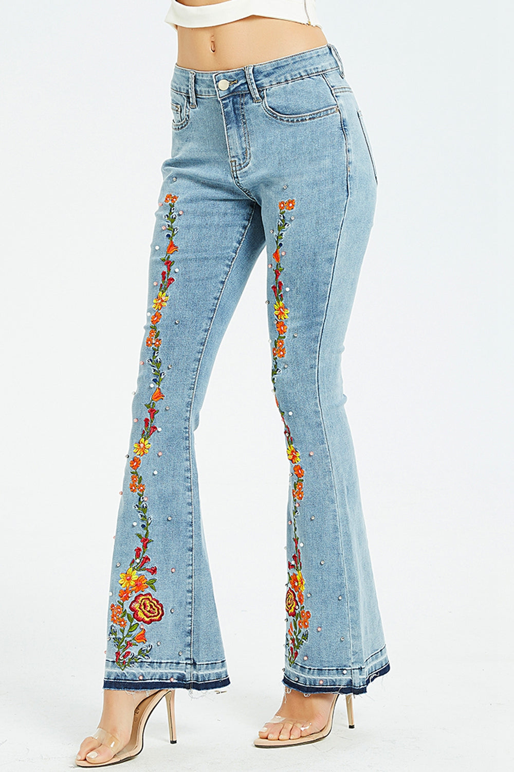 full size flower embroidery wide leg jeans