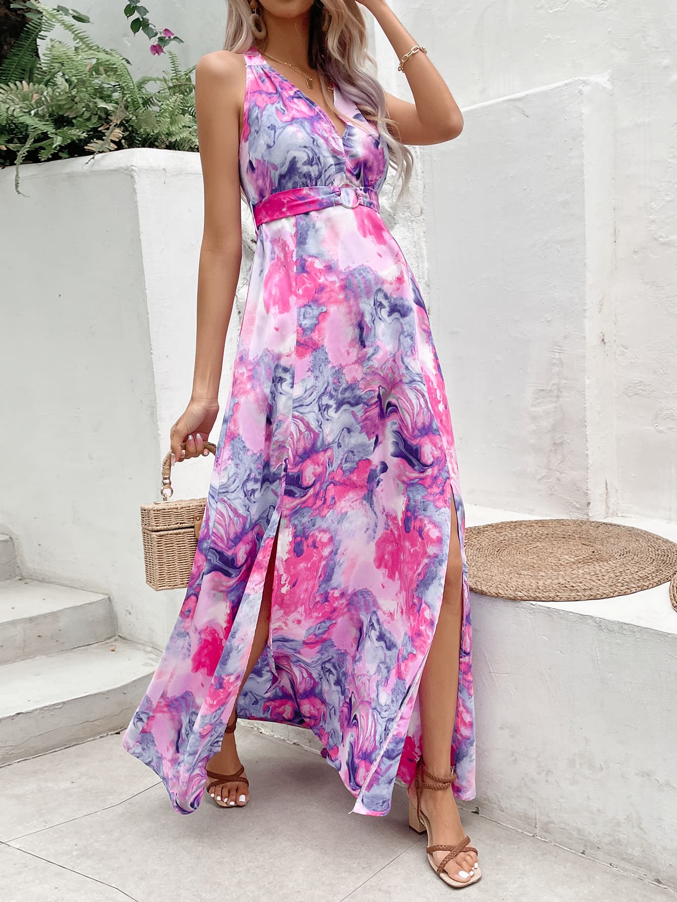 printed open back slit sleeveless dress