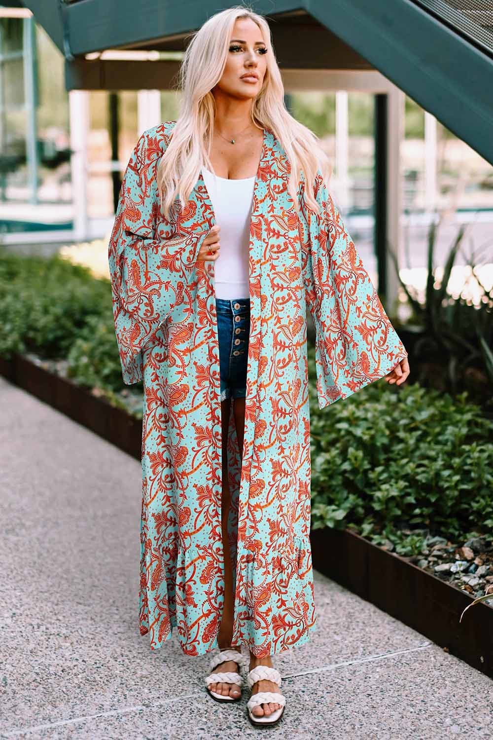 printed open front duster cardigan