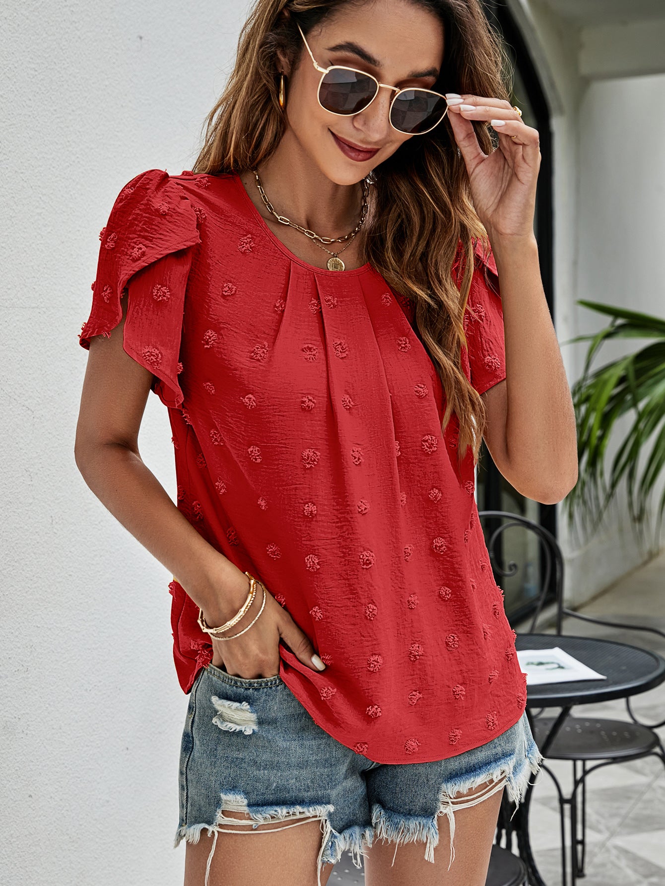 swiss dot round neck petal sleeve top