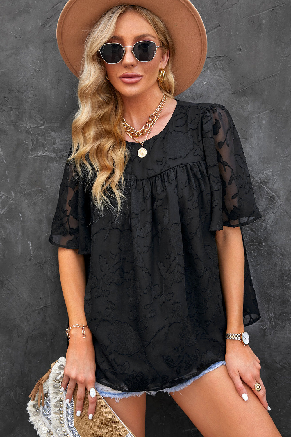 round neck puff sleeve blouse
