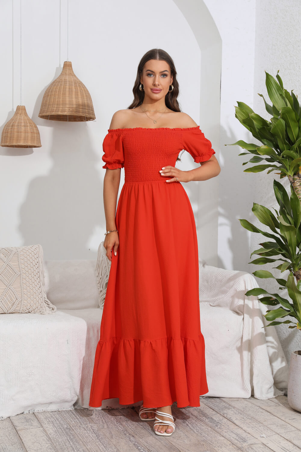 smocked off-shoulder maxi dress