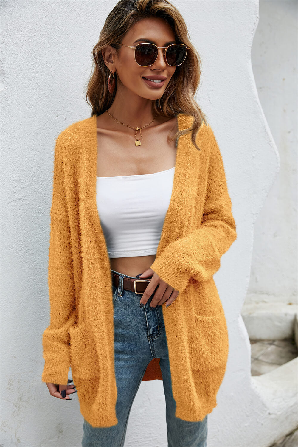 open front openwork fuzzy cardigan with pockets