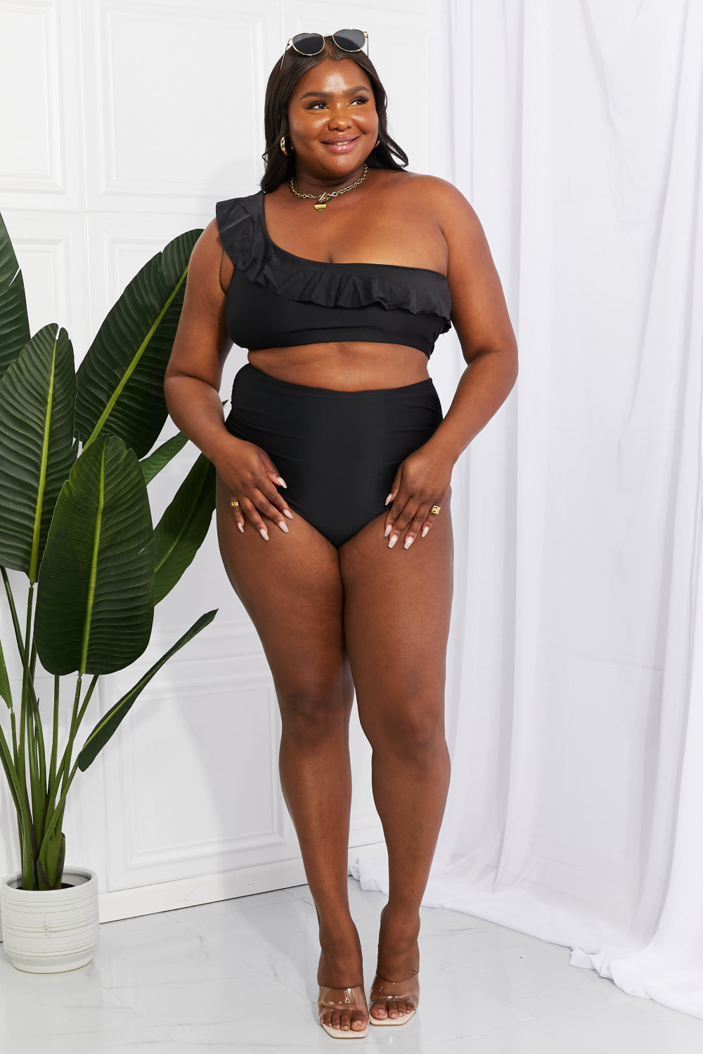 marina west swim seaside romance ruffle one-shoulder bikini in black