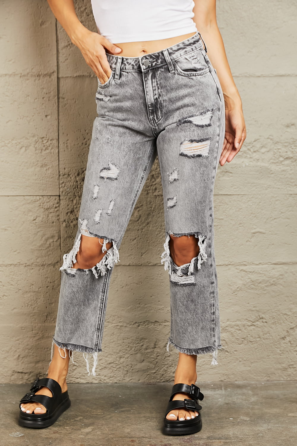 bayeas acid wash distressed straight jeans