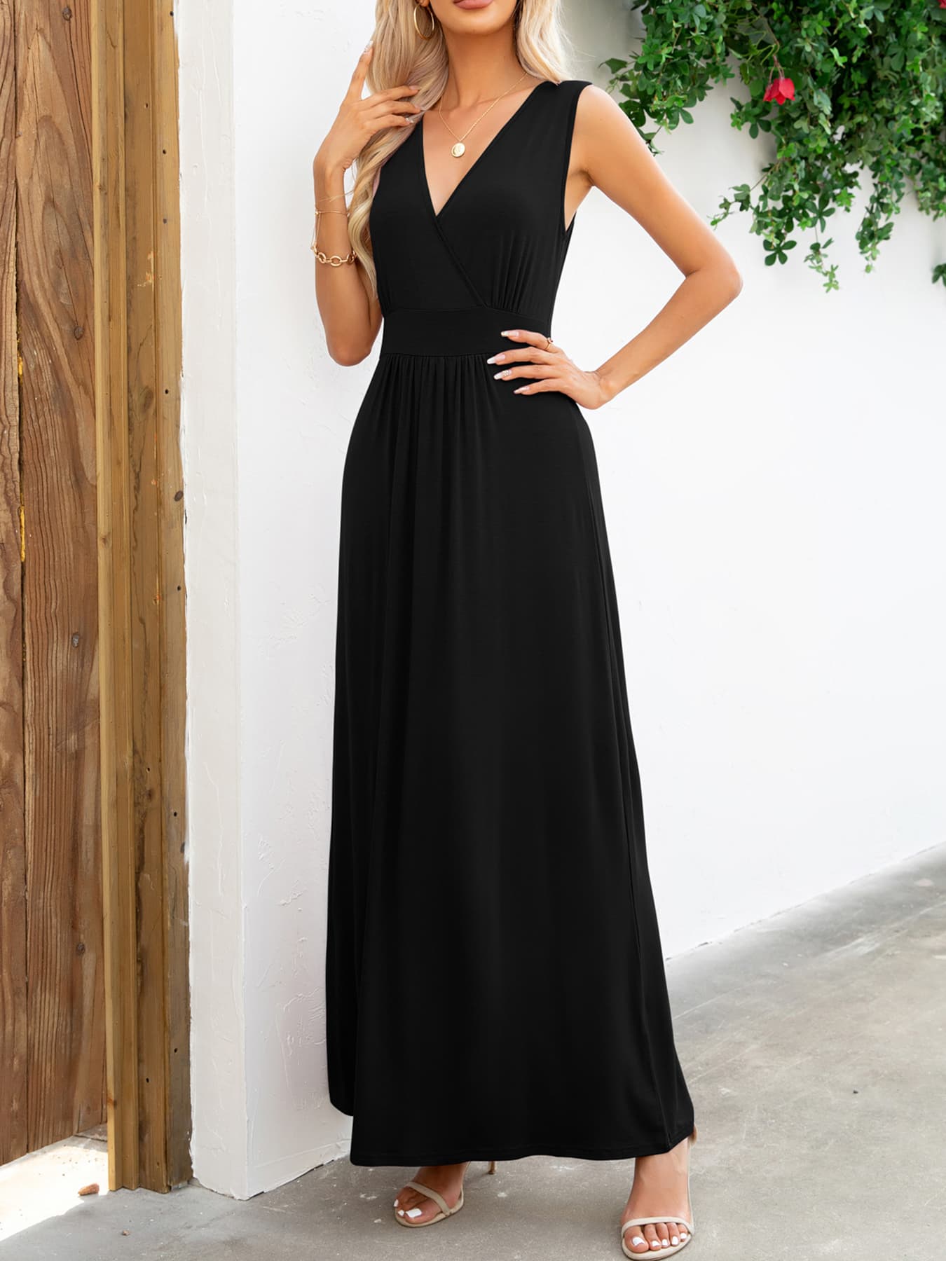 surplice neck sleeveless maxi dress