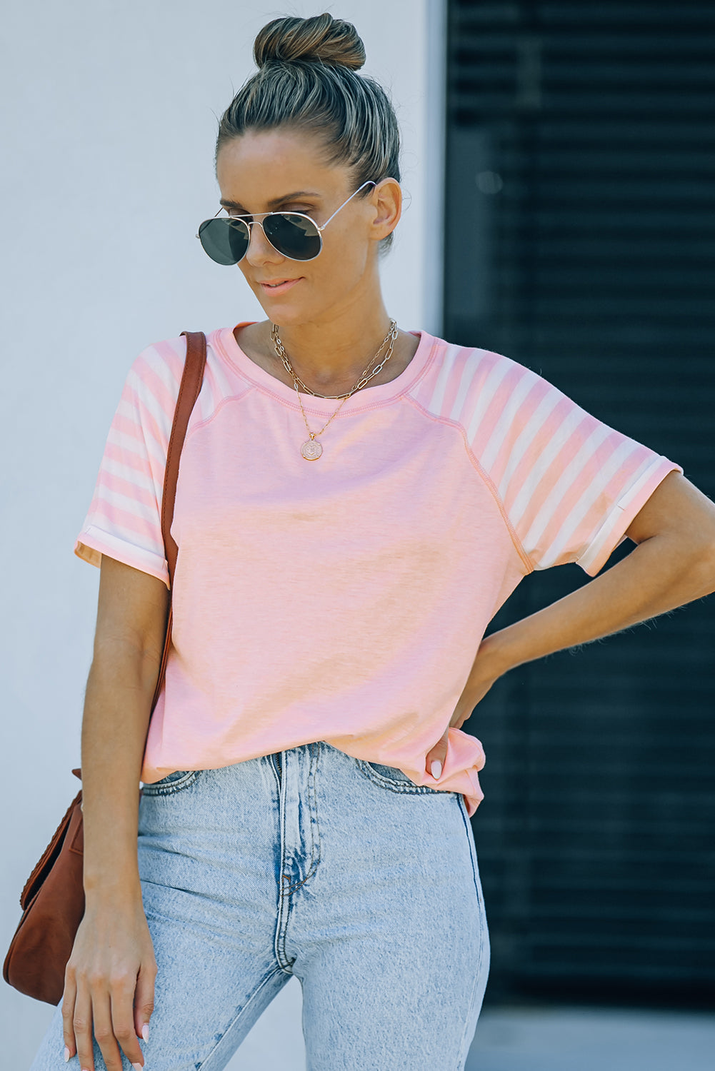 striped round neck raglan sleeve tee