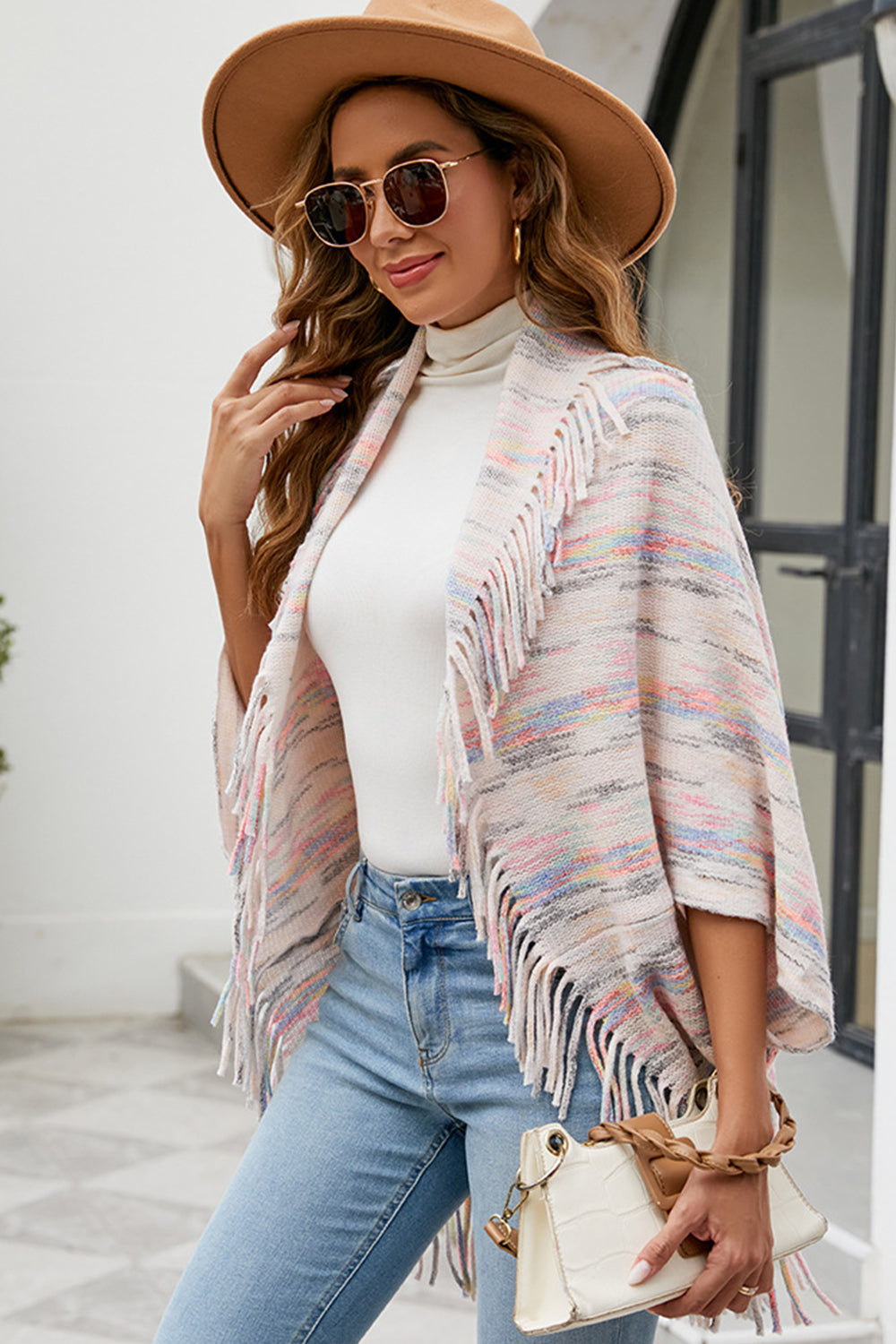 fringe detail printed poncho