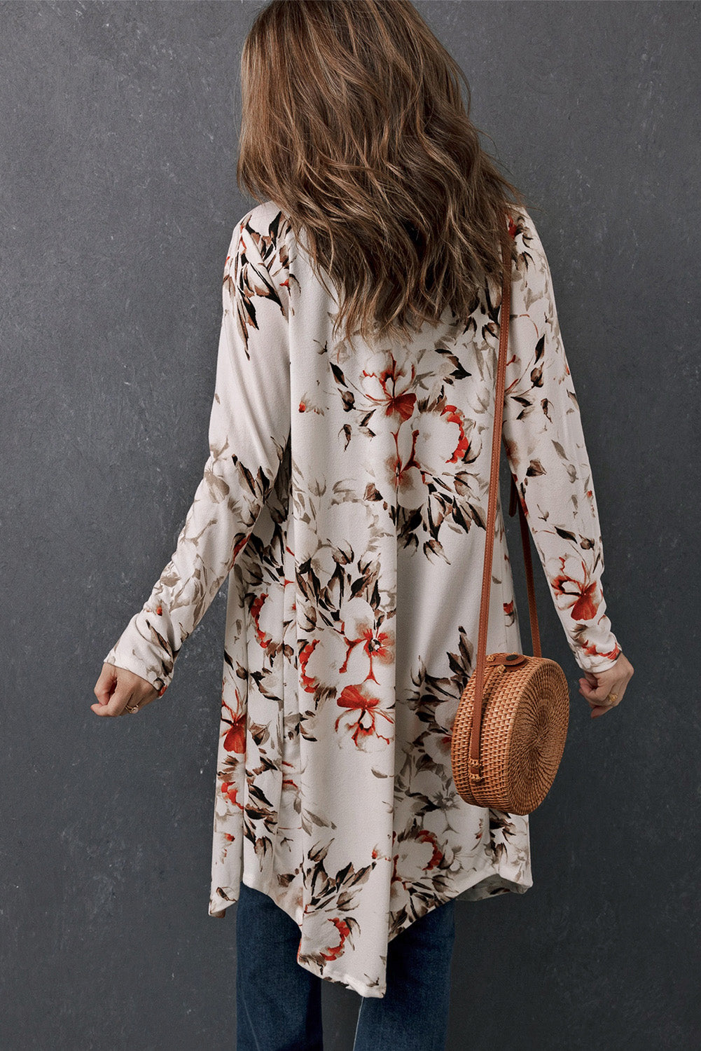 double take printed open front longline cardigan