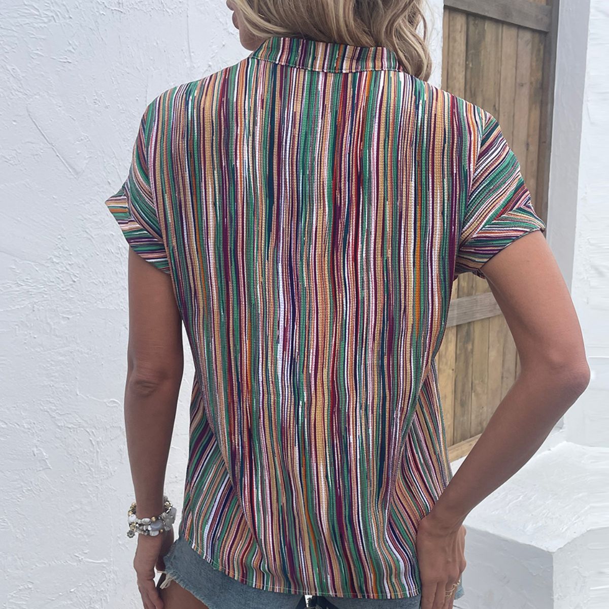 multicolored stripe notched neck top