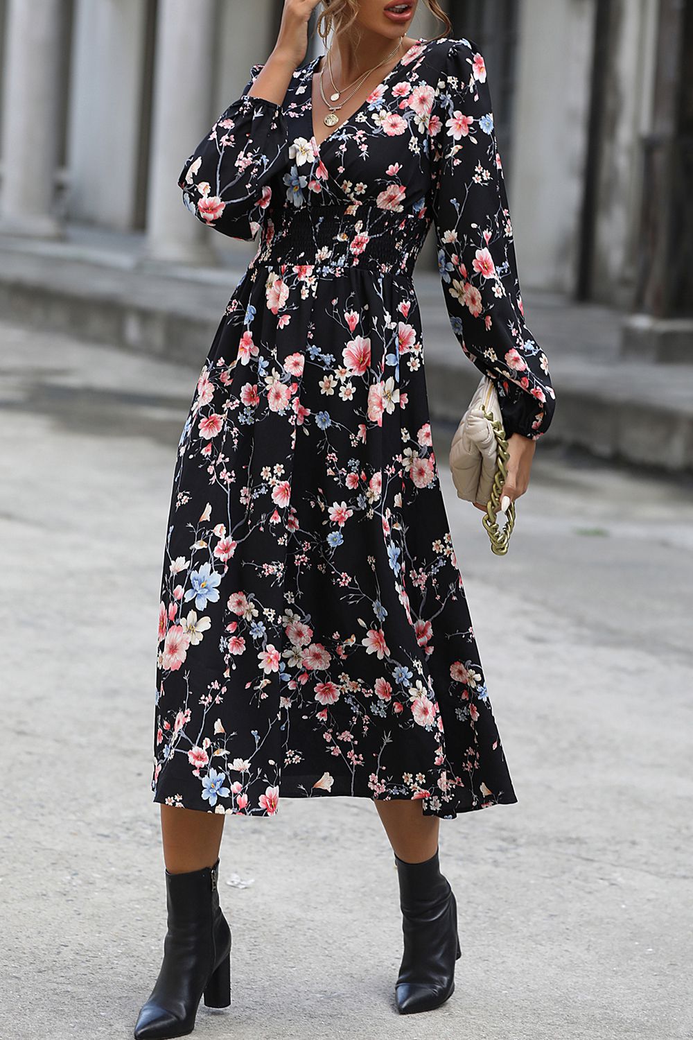 floral long sleeve surplice neck dress