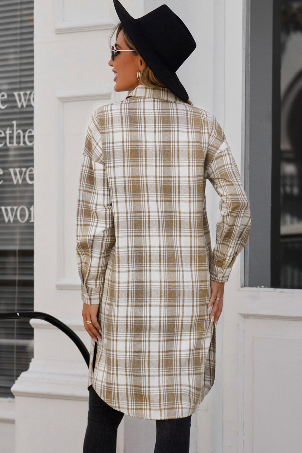 double take plaid button-up longline shacket with breast pockets