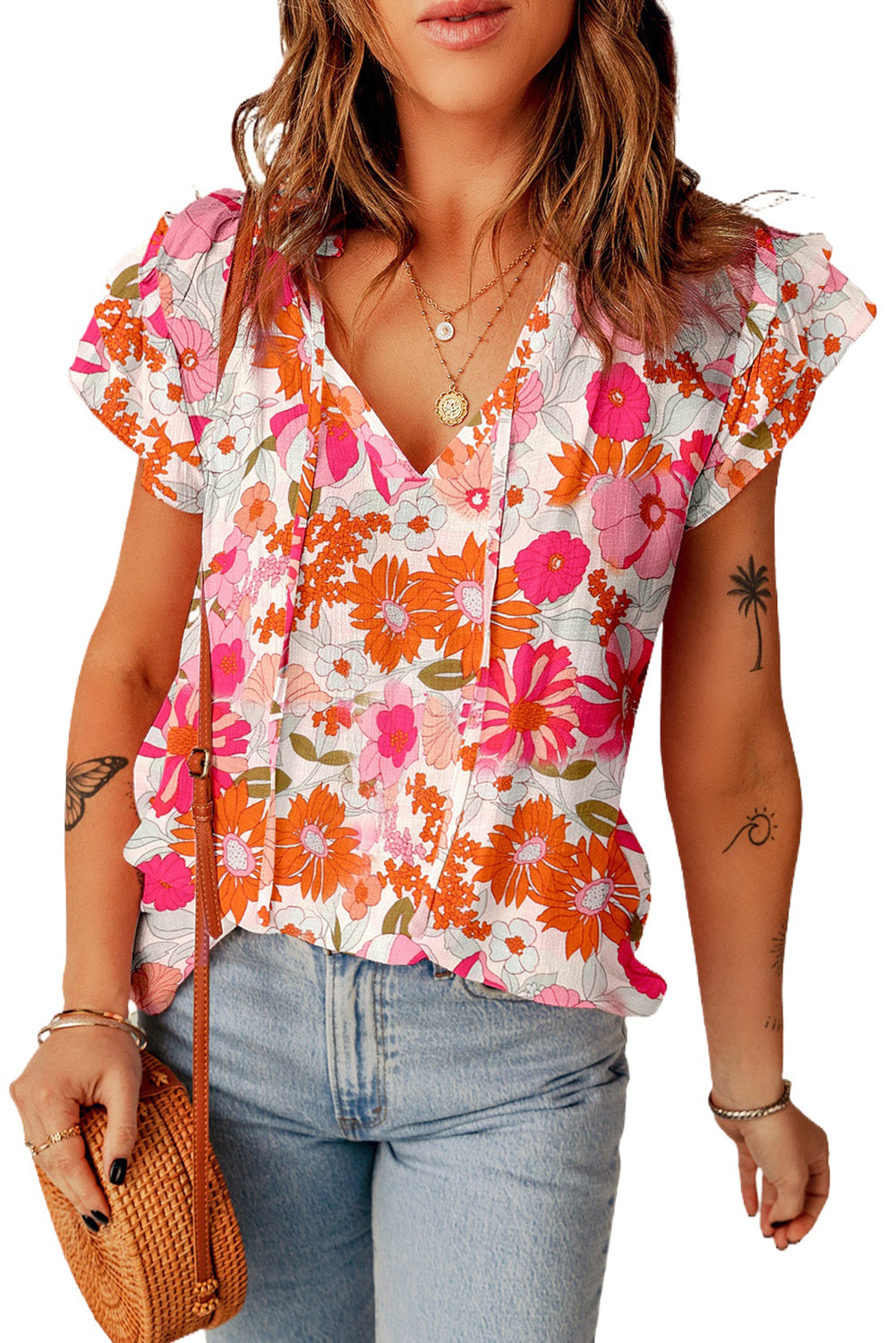 floral tie neck flutter sleeve blouse