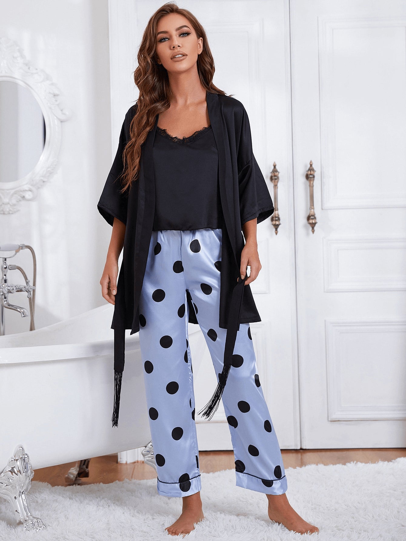 cami, robe, and printed pants pajama set