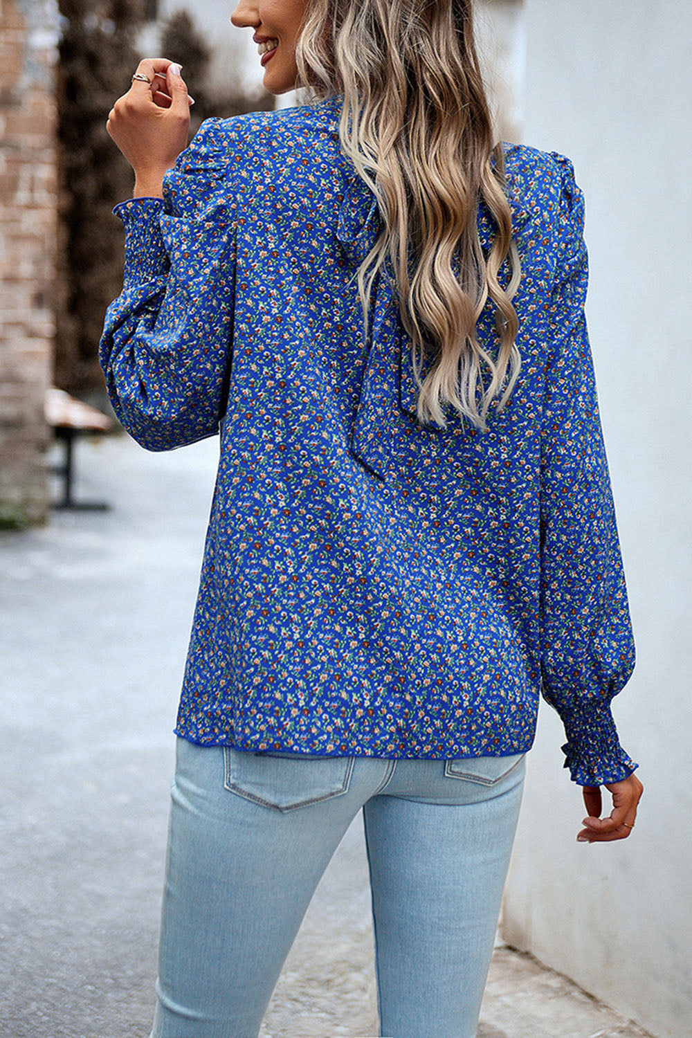 printed smocked puff sleeve blouse