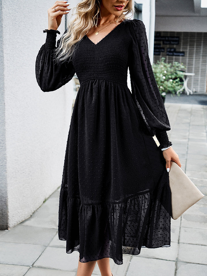 swiss dot v-neck flounce sleeve midi dress