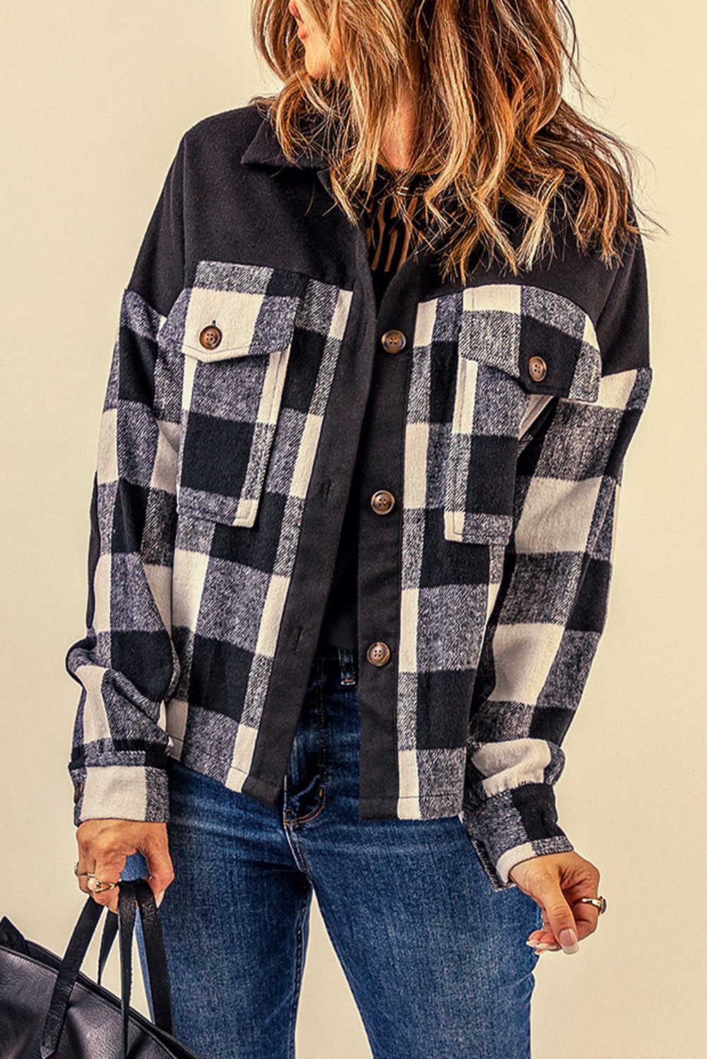 double take plaid button-up shirt jacket with pockets