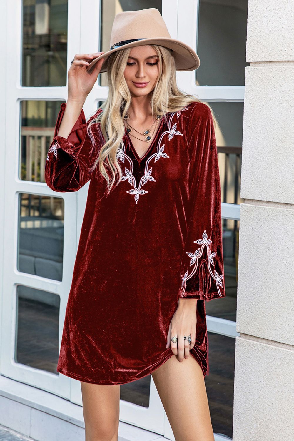 v-neck long sleeve mini dress