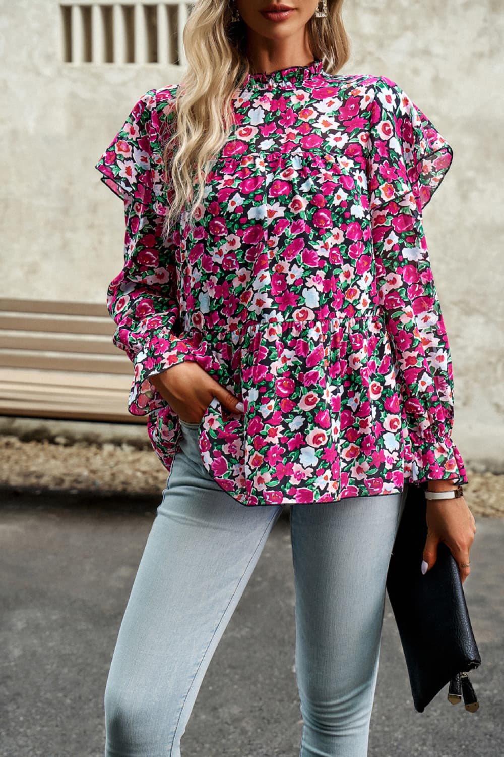 printed round neck flounce sleeve blouse