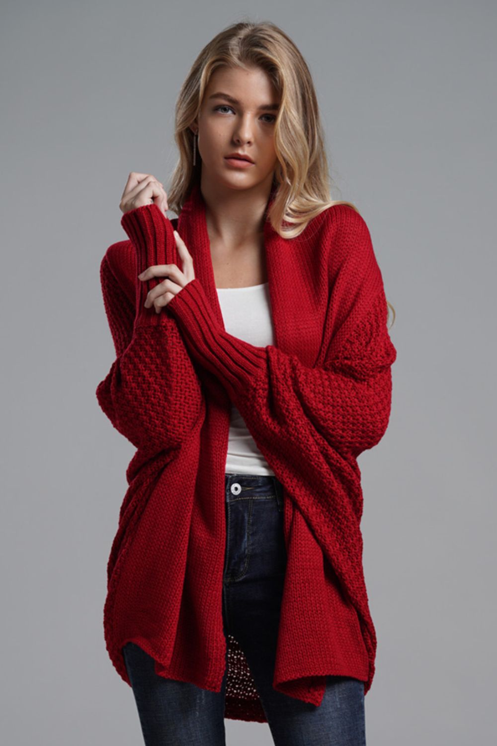 double take dolman sleeve open front ribbed trim longline cardigan