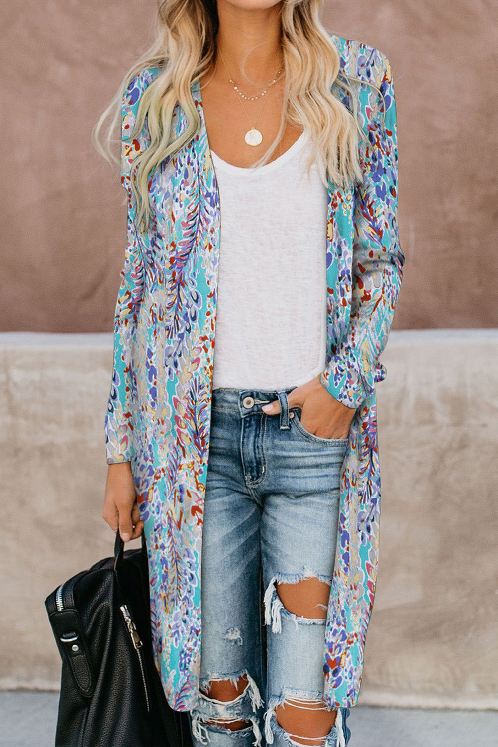 double take printed open front longline cardigan