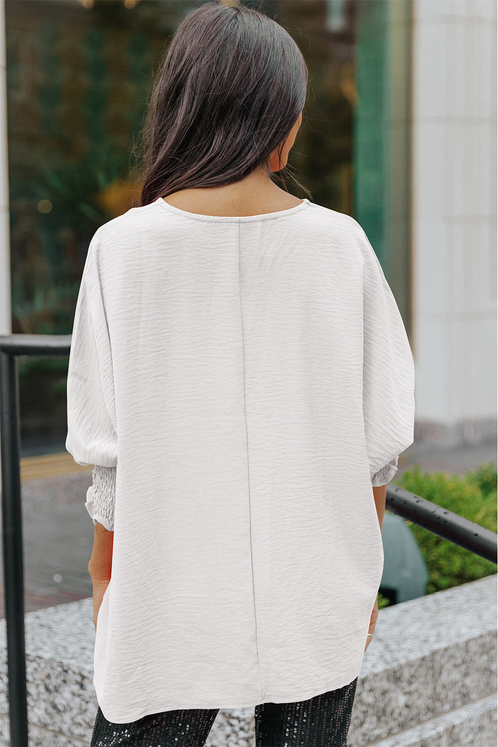 round neck dolman sleeve textured blouse