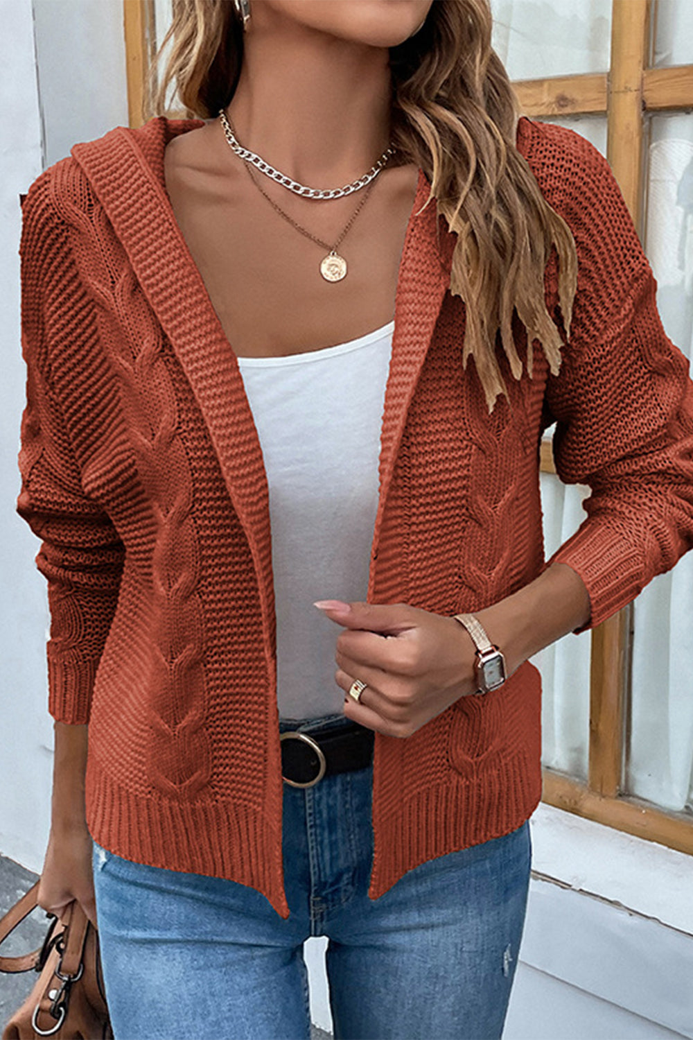 cable-knit dropped shoulder hooded cardigan