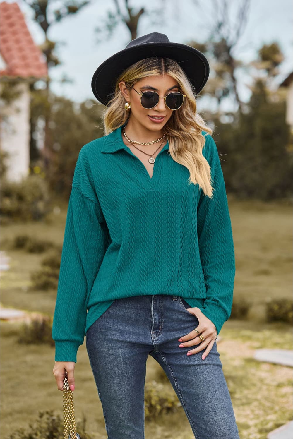 collared neck cable-knit long sleeve blouse