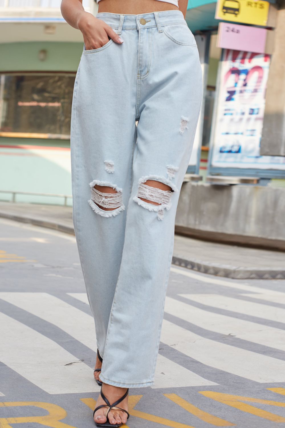 baeful distressed straight leg jeans with pockets