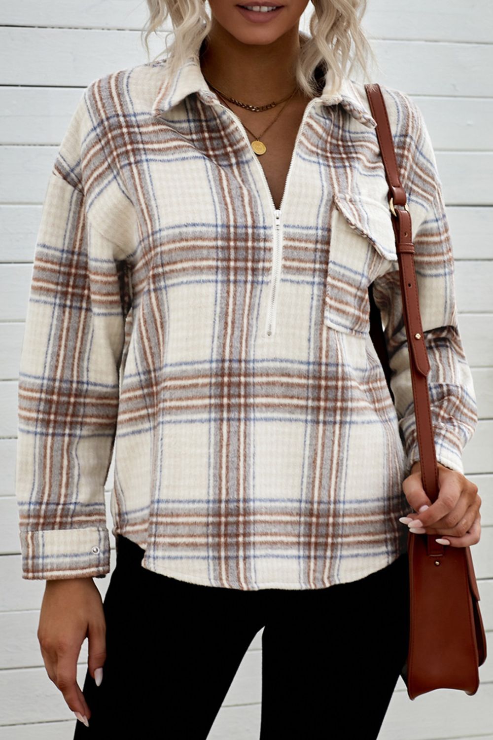 double take plaid half-zip collared curved hem sweatshirt