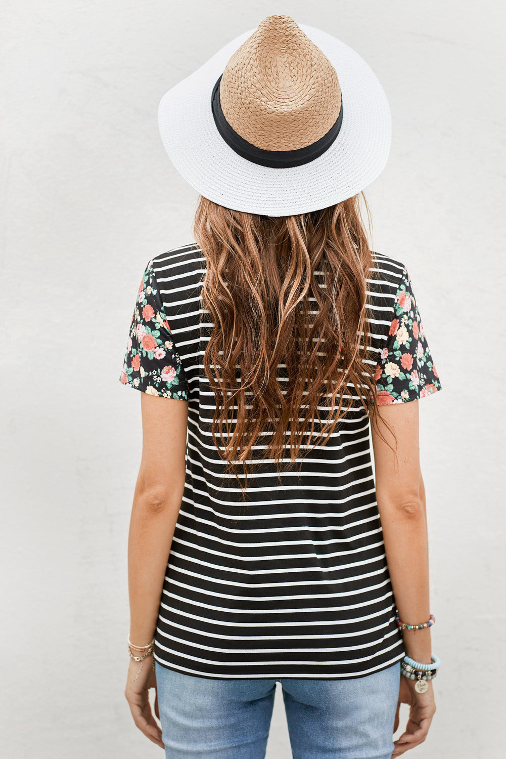 floral sleeves striped t-shirt