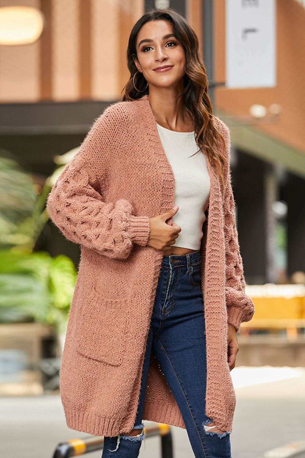 open front ribbed trim duster cardigan