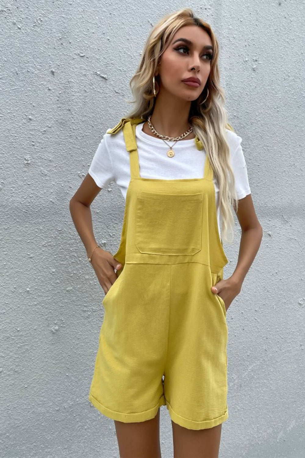 tie cuffed short overalls with pockets