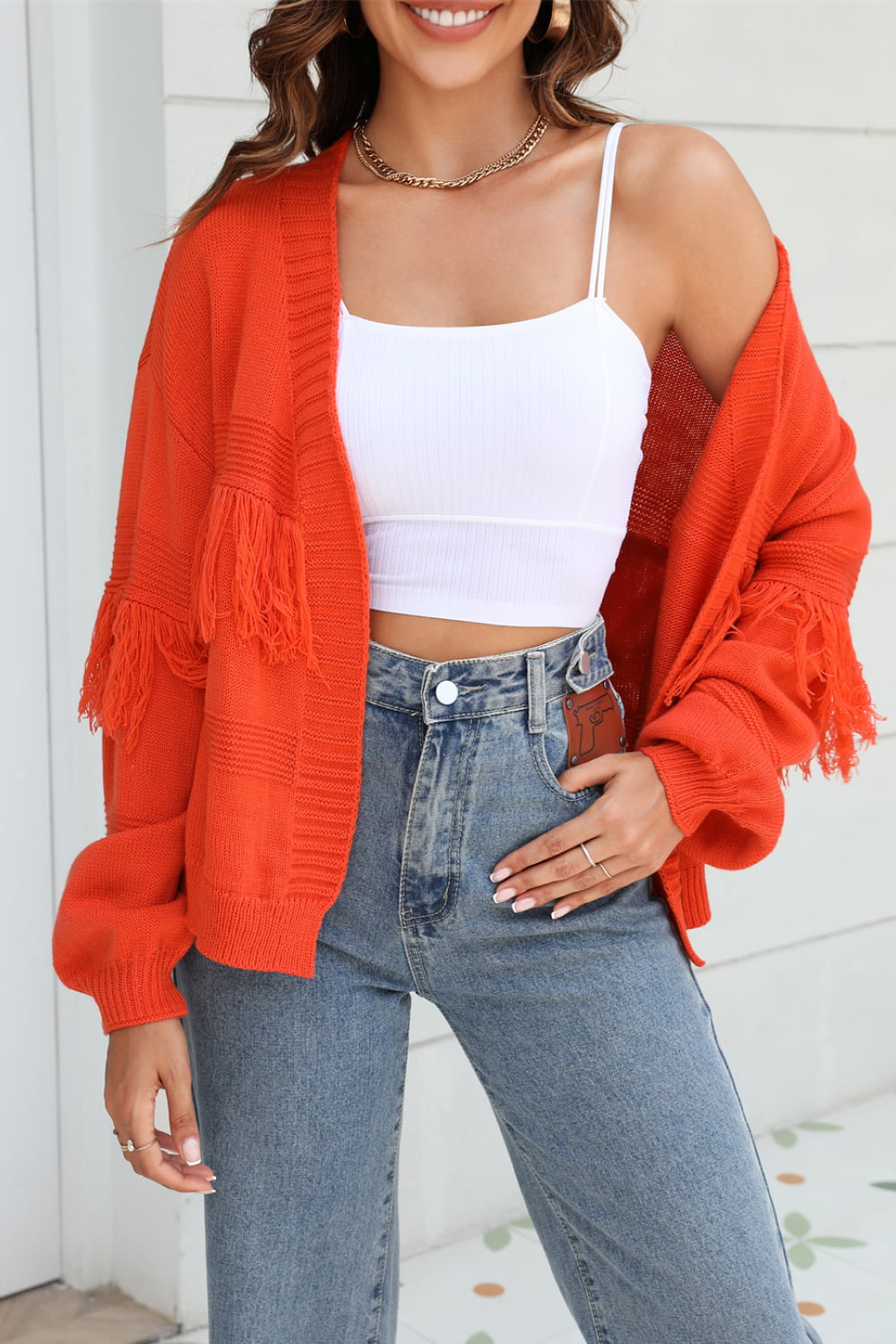 double take fringe trim open front cardigan